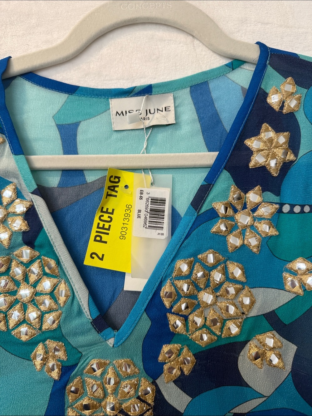 Miss June Turquoise Blue Jeweled Silk Kaftan - Picture 2 of 4